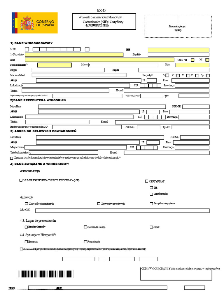 Formularz Wniosku o NIE (Ex-15) | PDF