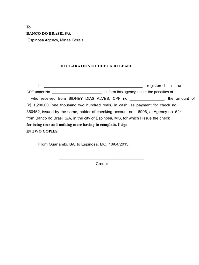 Check Release Declaration Template | PDF