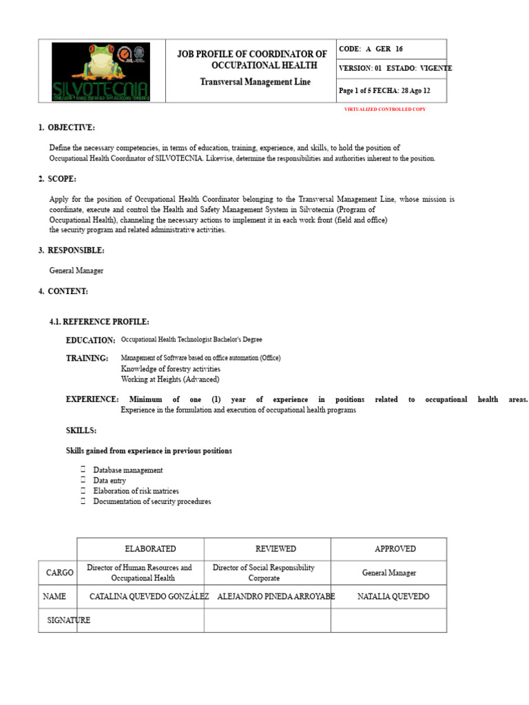 Occupational Health Coordinator Profile | PDF | Occupational Safety And ...