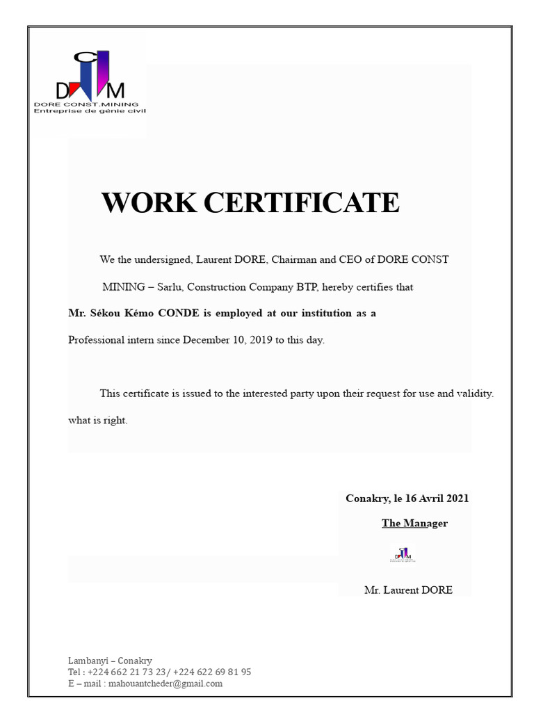 Work Certificate for Sékou Kémo CONDE | PDF