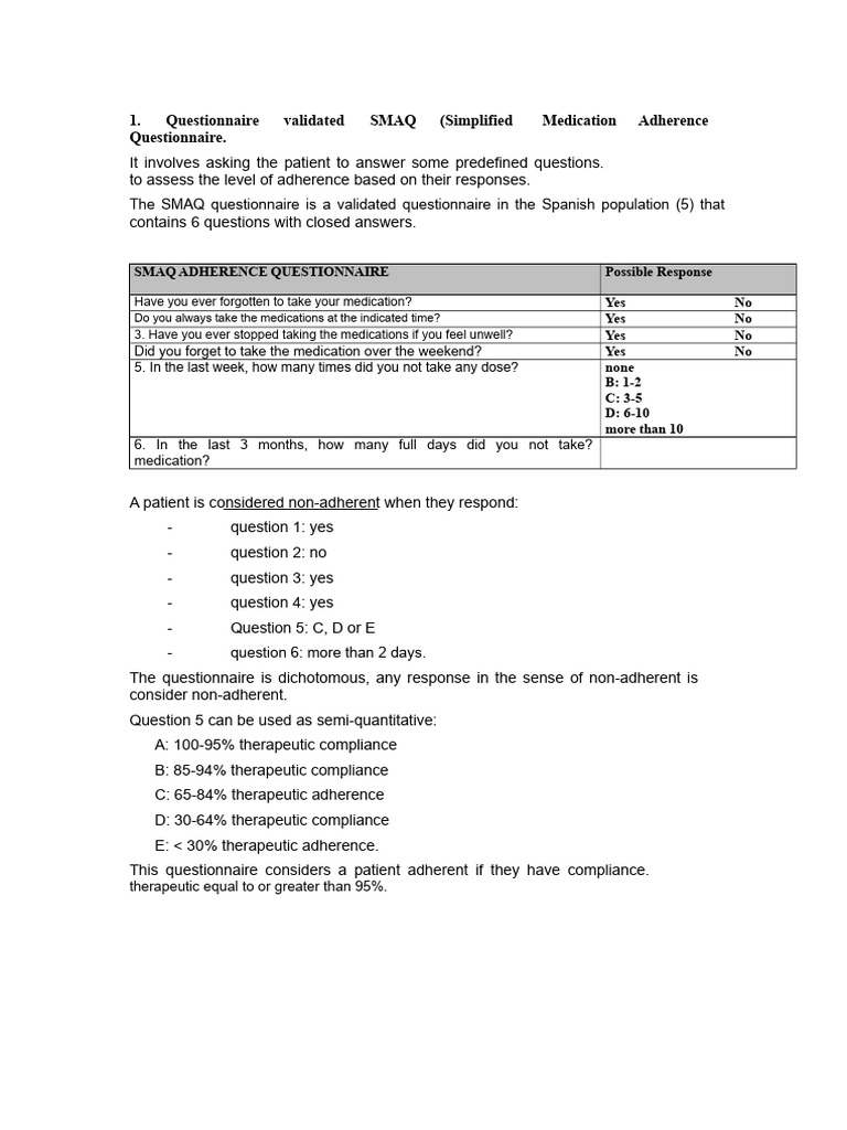 SMAQ Medication Adherence Questionnaire | PDF