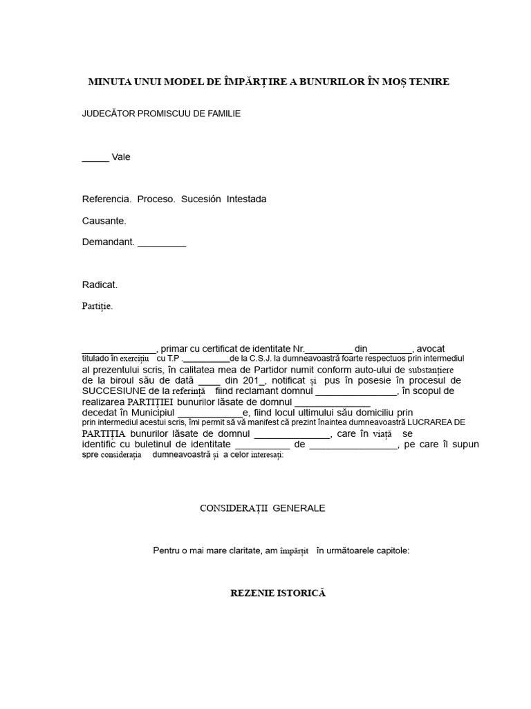 Minuta Sau Model de Lucru Pentru Partajul Bunurilor În Succesiune | PDF