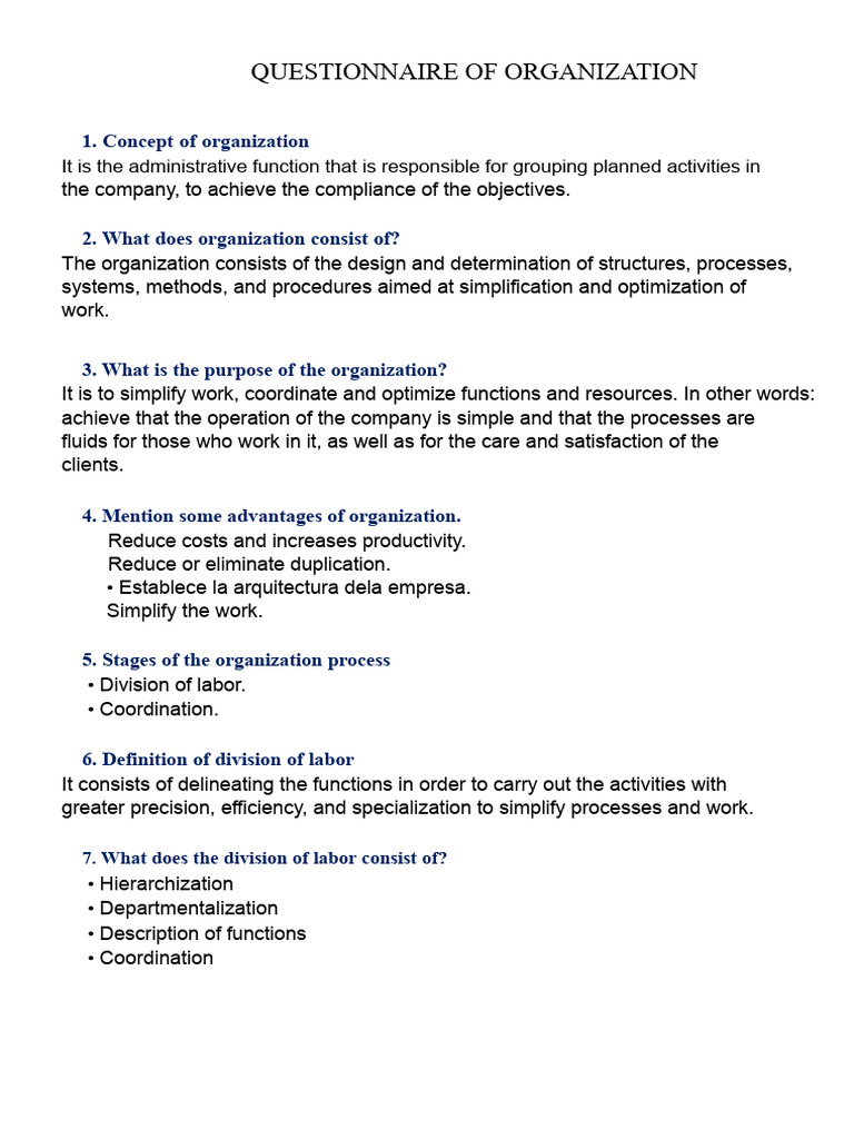 ORGANIZATION QUESTIONNAIRE | PDF | Hierarchy | Organizational Structure