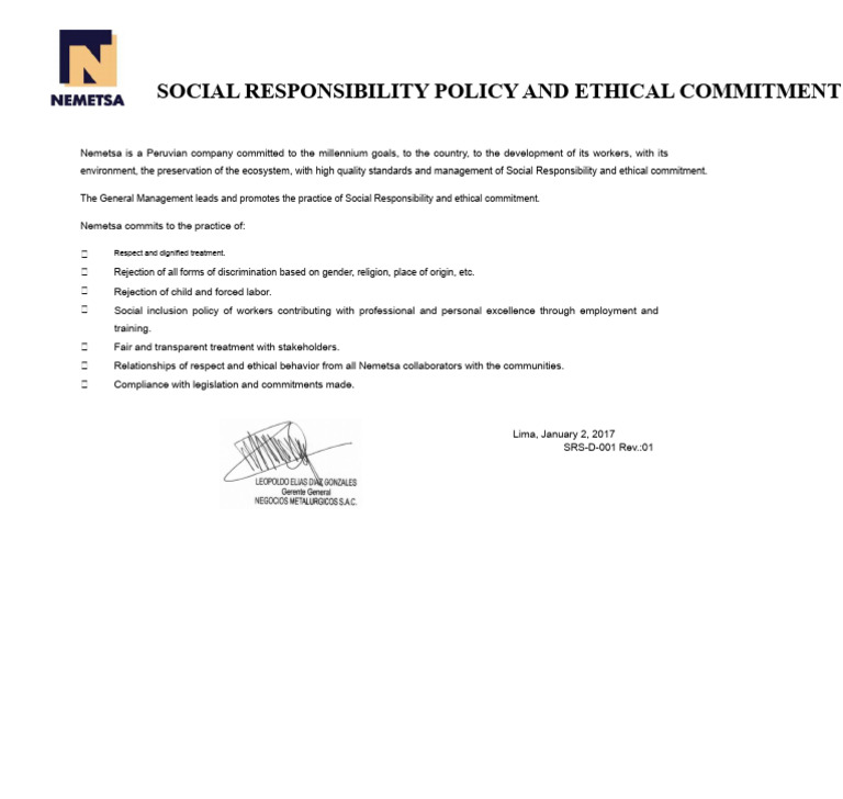SRS-D-001 Social Responsibility and Ethical Commitment Policy - Rev.00 ...