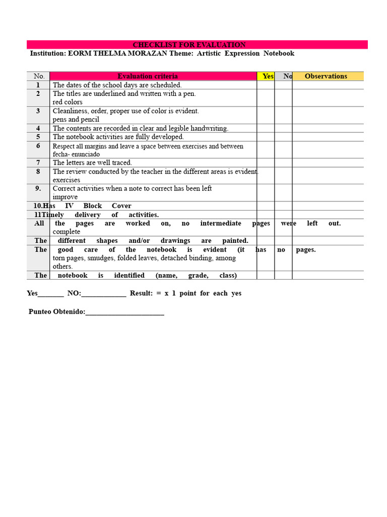 Artistic Expression Notebook Evaluation Checklist | PDF | Notebook