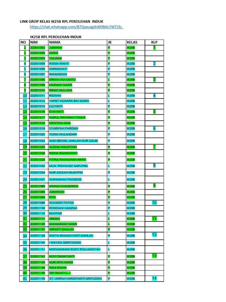 Daftar Anggota Kelas IK25B RPL | PDF