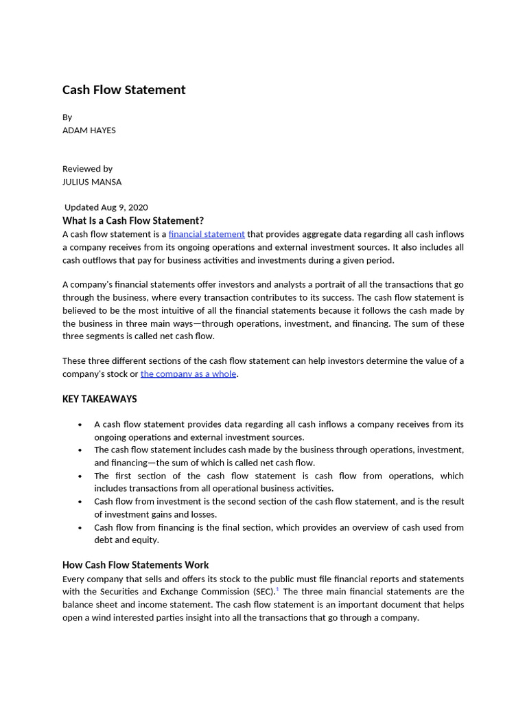 Understanding Cash Flow Statements | PDF | Investing | Cash Flow Statement