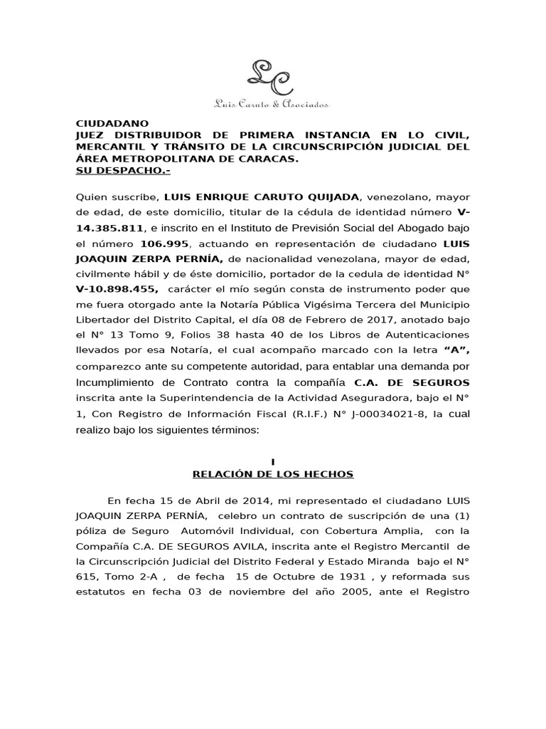 Demanda por Incumplimiento de Seguro | PDF | Póliza de seguros | Seguro