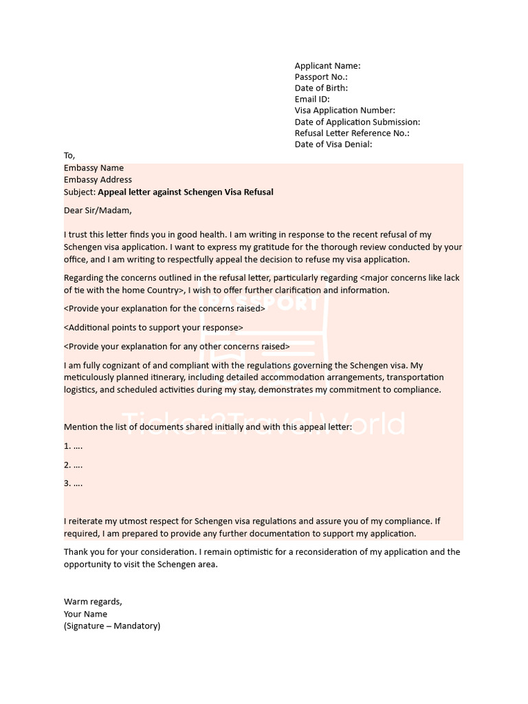 Appeal Letter for Schengen Visa Refusal | PDF