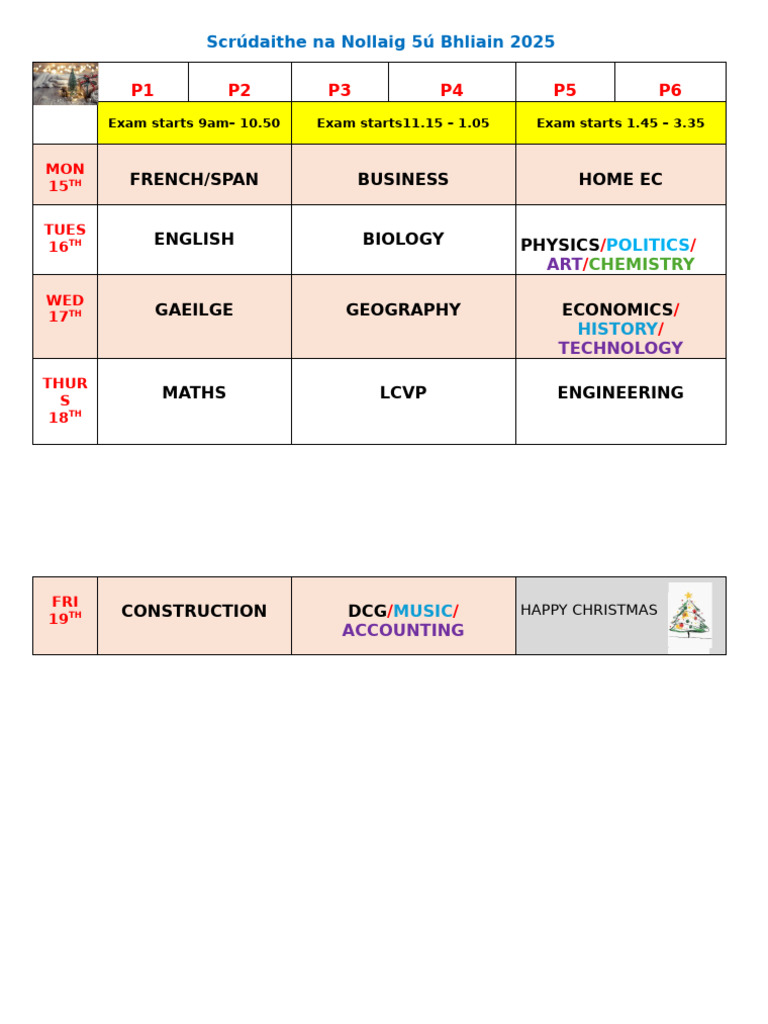 2025 Christmas Exam Schedule | PDF