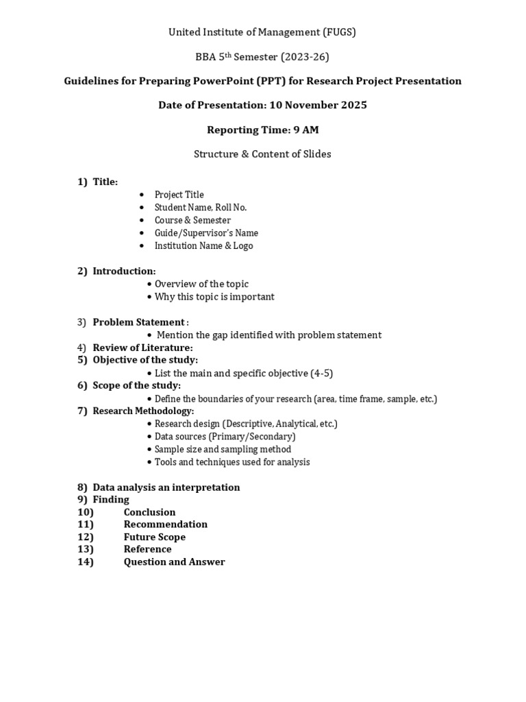 PPT Guidelines for BBA Research Project | PDF