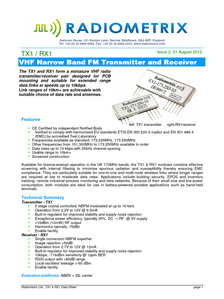 TX1 & RX1 VHF Radio Module Data Sheet | PDF | Antenna (Radio) | Coaxial ...