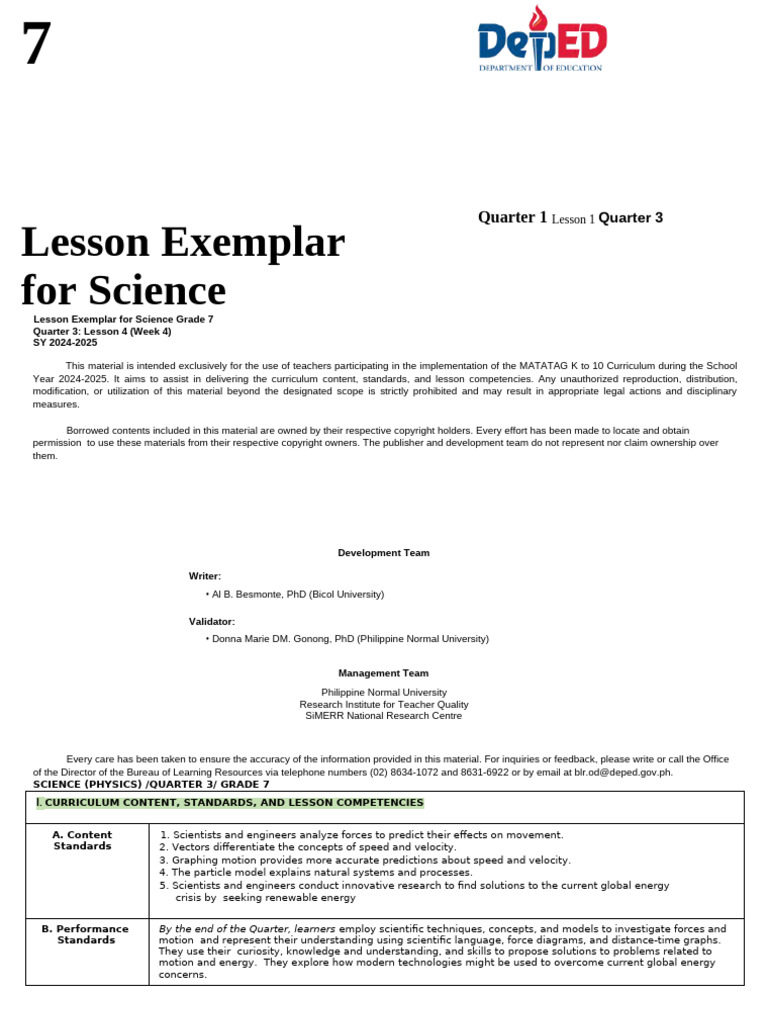 Q3 LE Science 7 Lesson 4 Week 4 | PDF | Velocity | Distance