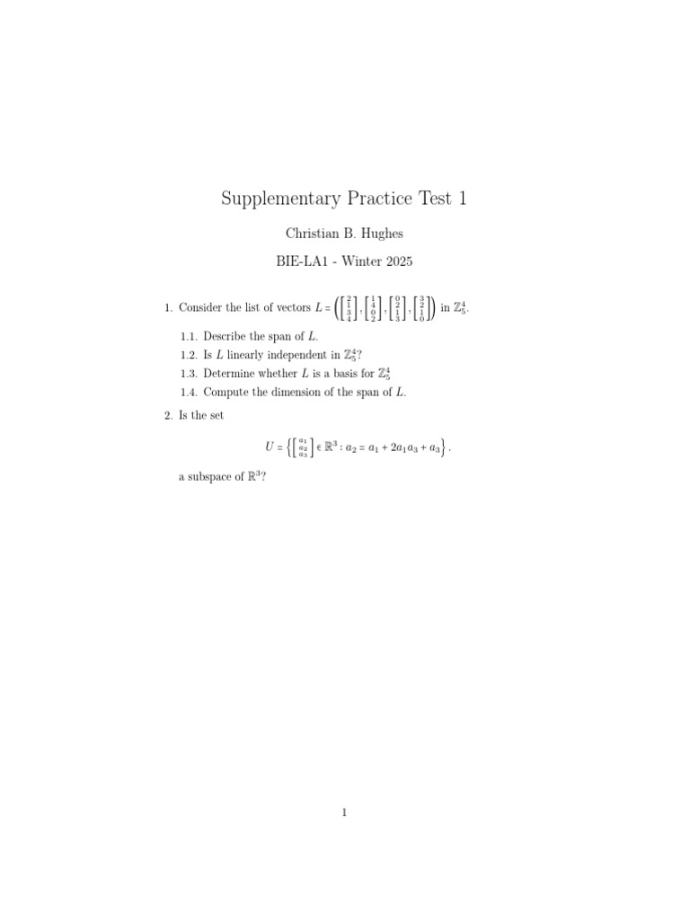 Linear Algebra Practice Test: Vectors & Subspaces | PDF