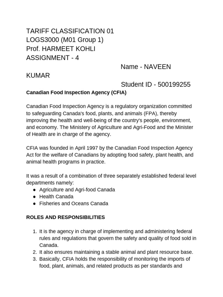 Logs3000 Tariff Classification Week 9 | PDF | Food Safety