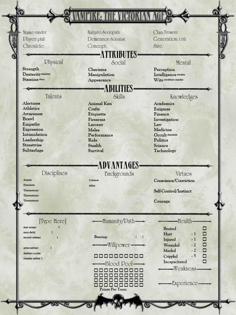Vampire Character Sheet Template | PDF