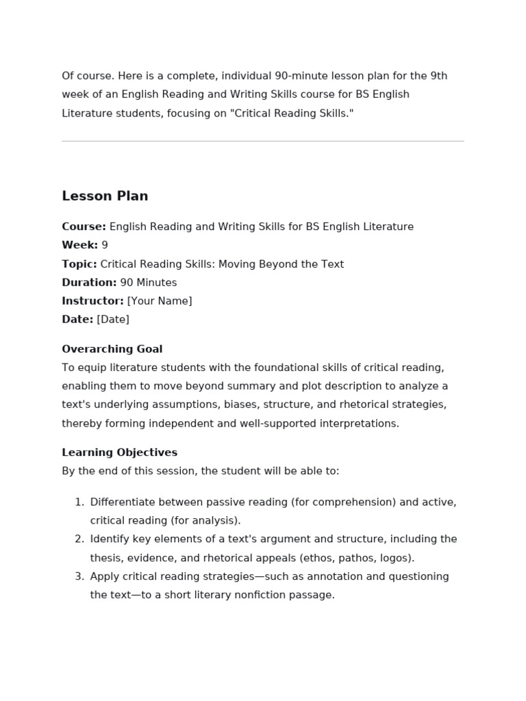 Critical Reading Skills Lesson Plan | PDF | Essays | Reading Comprehension