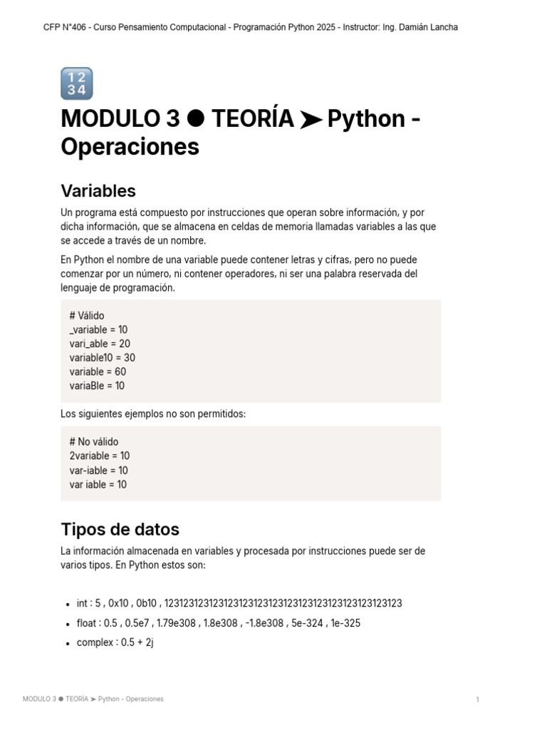 MODULO 3 TEORIA Python - Operaciones | PDF | Python (lenguaje de ...