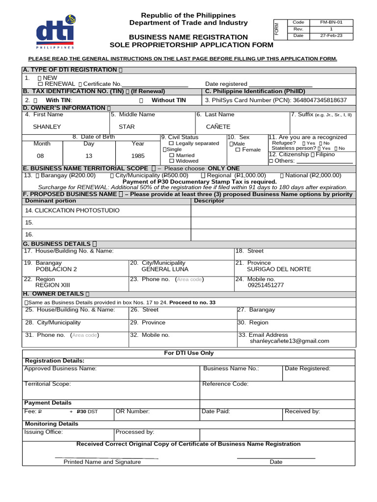 Republic of The Philippines Department of Trade and Industry Business ...