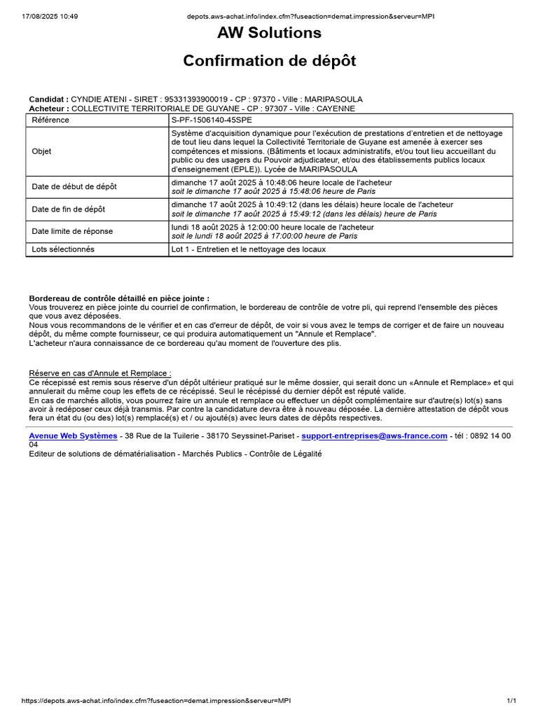 Confirmation de dépôt pour nettoyage Guyane | PDF
