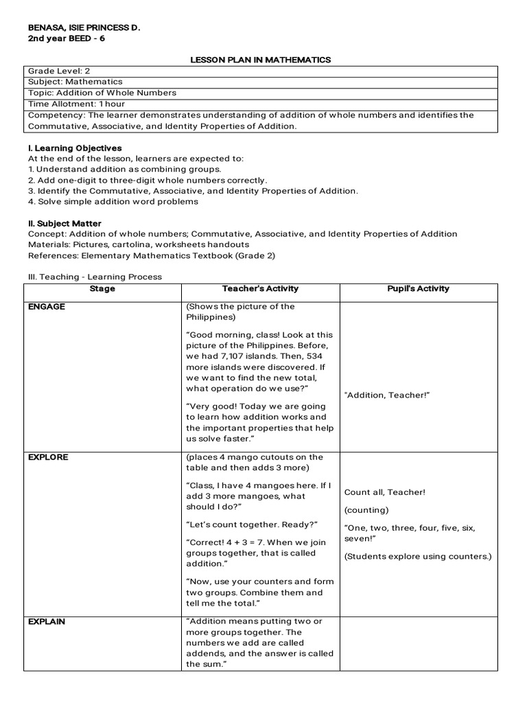 Grade 2 Math Lesson Plan: Addition | PDF