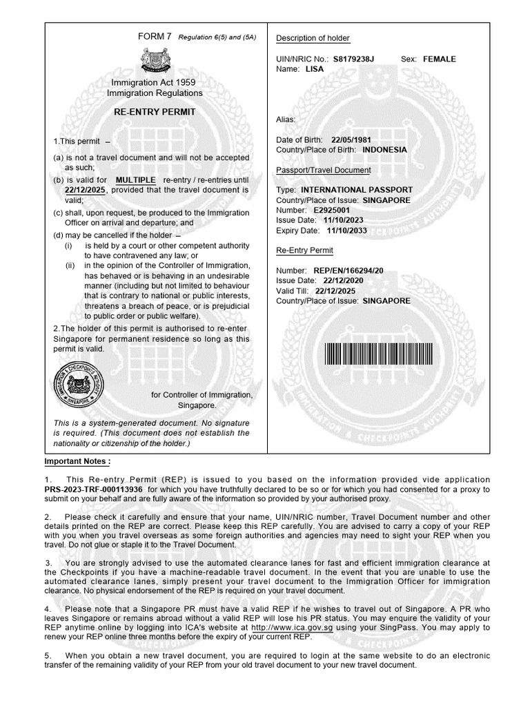 Singapore Re-Entry Permit Details | PDF | Government And Personhood ...