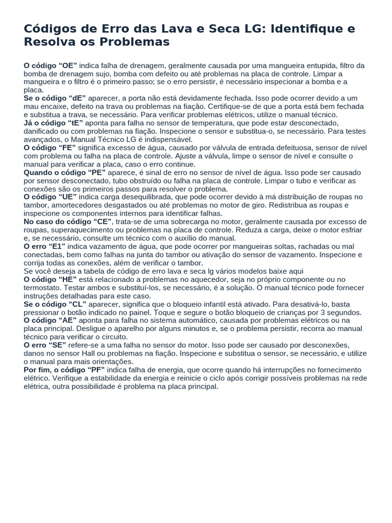 Códigos de Erro Lava e Seca LG: Soluções | PDF | Motores
