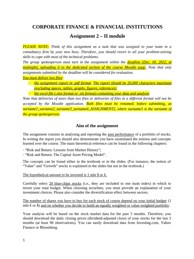 01 - Assignment II - Instructions | PDF | Beta (Finance) | Sharpe Ratio