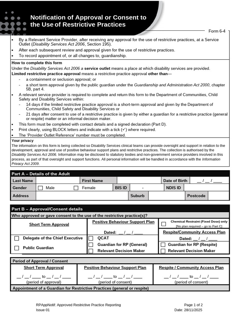 Restrictive Practice Approval Form | PDF | Legal Guardian | Justice