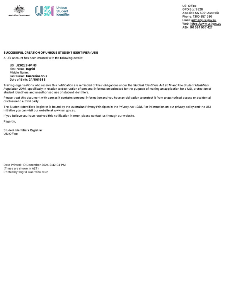 Unique Student Identifier Confirmation | PDF