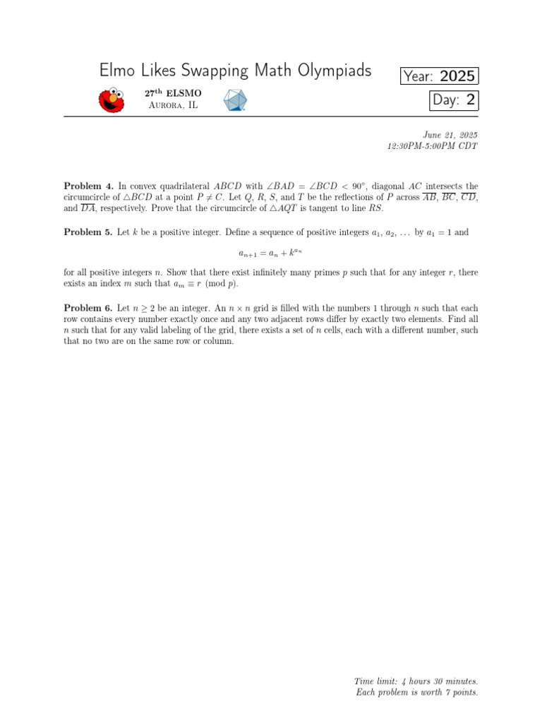 Math Olympiad Problems - ELSMO 2025 | PDF