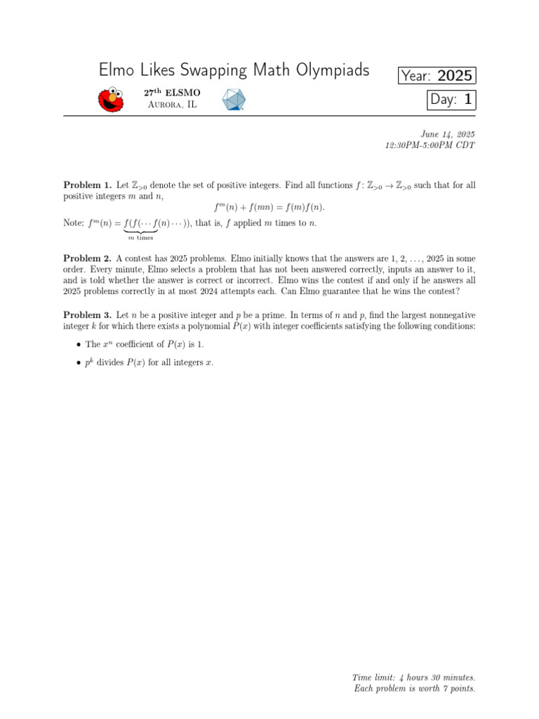 Elmo's 2025 Math Olympiad Problems | PDF
