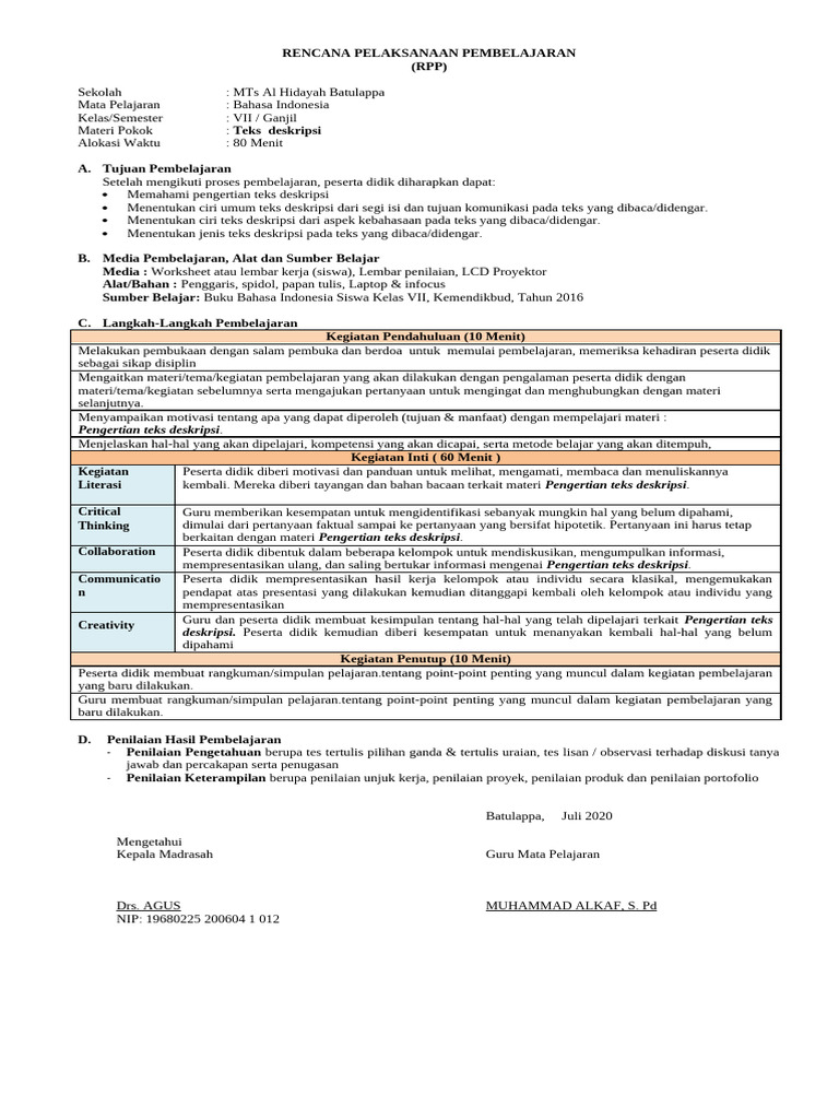 RPP Teks Deskripsi Kelas VII MTs Al Hidayah | PDF