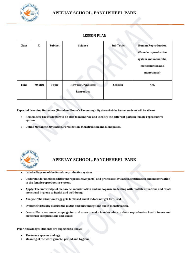 Female Reproductive System Lesson Plan | PDF | Menstrual Cycle | Ovary