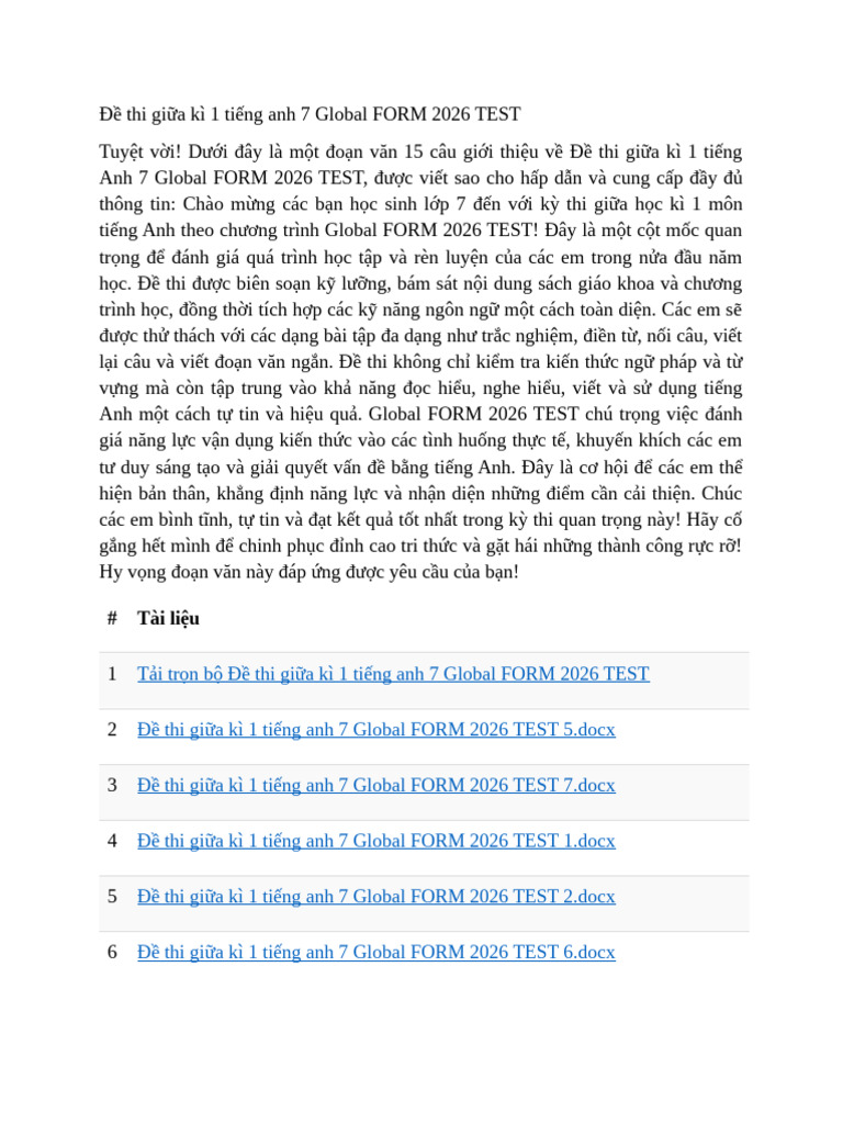Đề Thi Giữa Kì 1 Tiếng Anh 7 Global FORM 2026 TEST | PDF