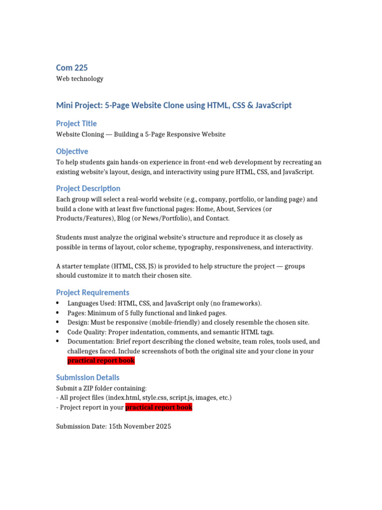 5-Page Website Clone Project Guide | PDF