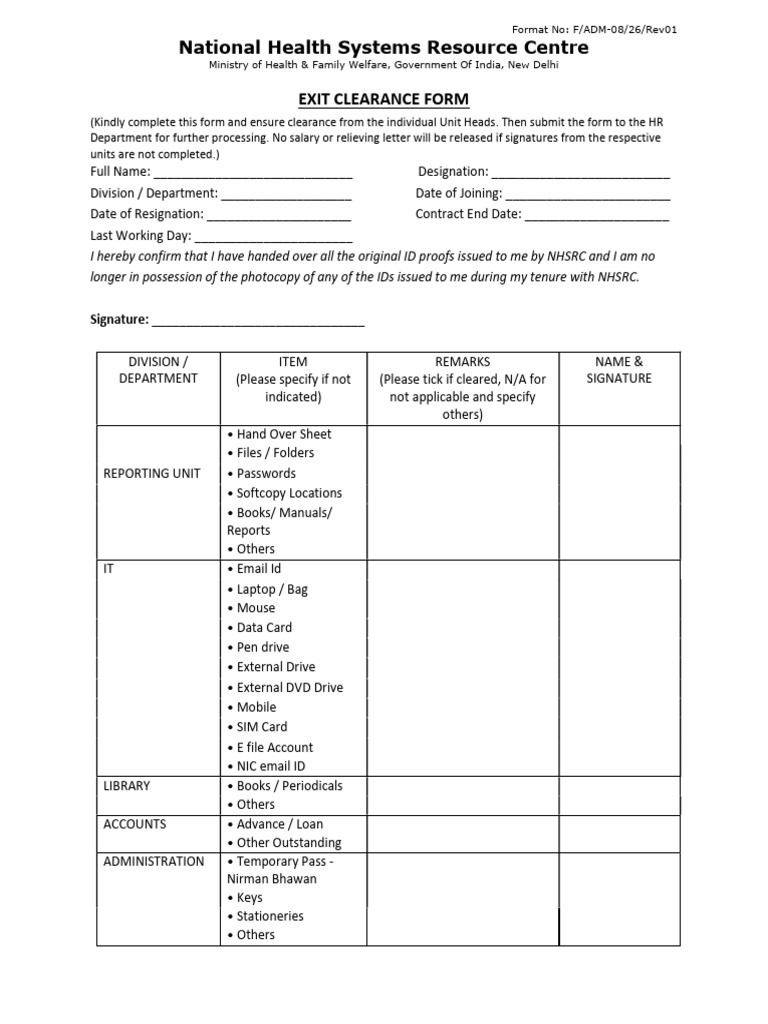 NHSRC Exit Clearance Form | PDF | Computing