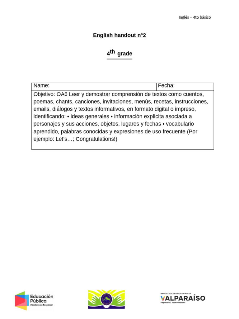 Actividades de Inglés para 4to Básico | PDF