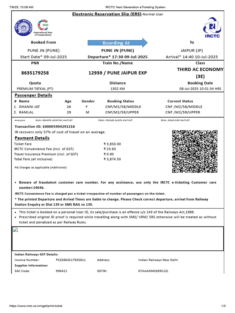 Pune Jaipur Exp Third Ac Economy (3E) | PDF
