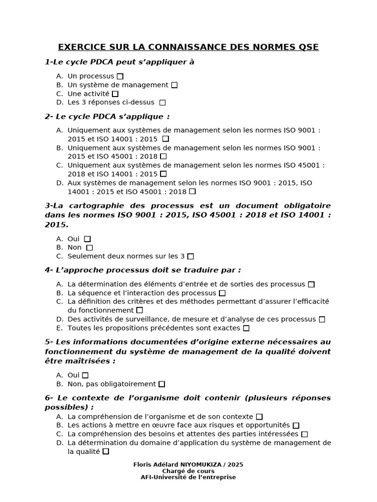 Exercice sur les normes QSE et PDCA | PDF | Système de management de la ...
