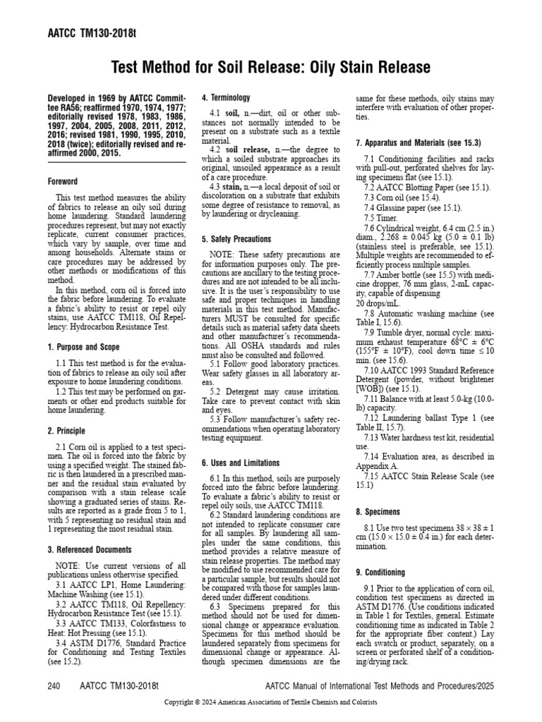 Soil Release Test for Oily Stains | PDF | Washing Machine | Textiles