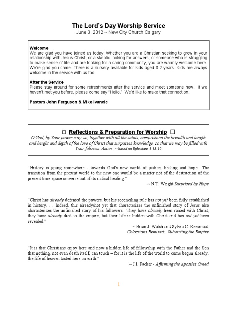 Lord's Day Worship Service Overview | PDF | Eucharist | Grace In ...