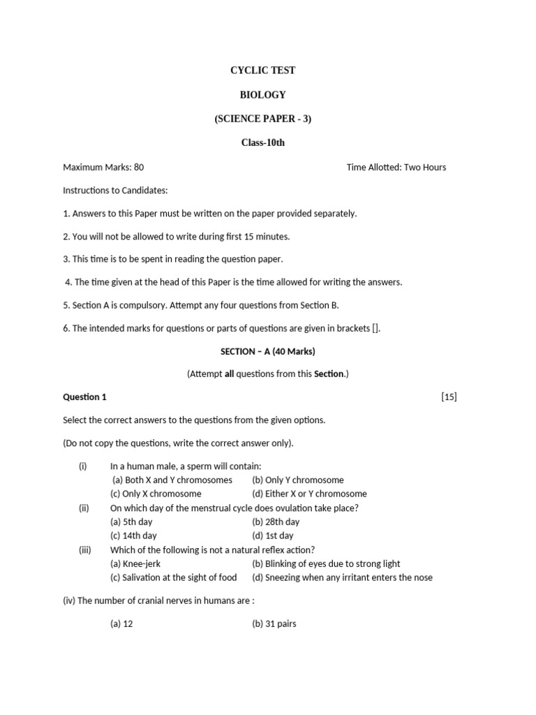 Class 10 Biology Cyclic Test Paper | PDF | Endocrine System | Hormone
