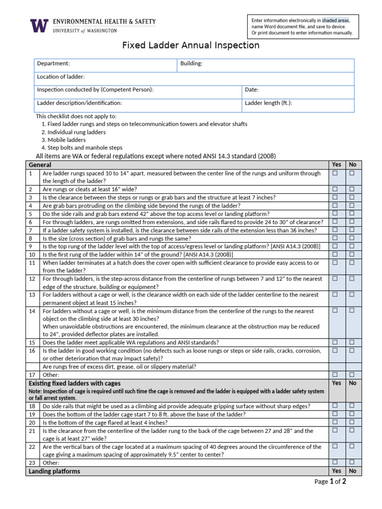 Fixed Ladder Inspection Checklist | PDF | Ladder