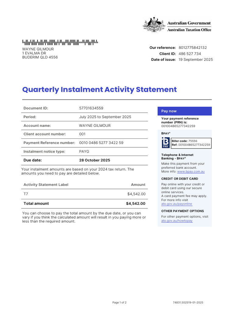 Quarterly Instalment Activity Statement - PAYG - Q1 Wayne Gilmour ...