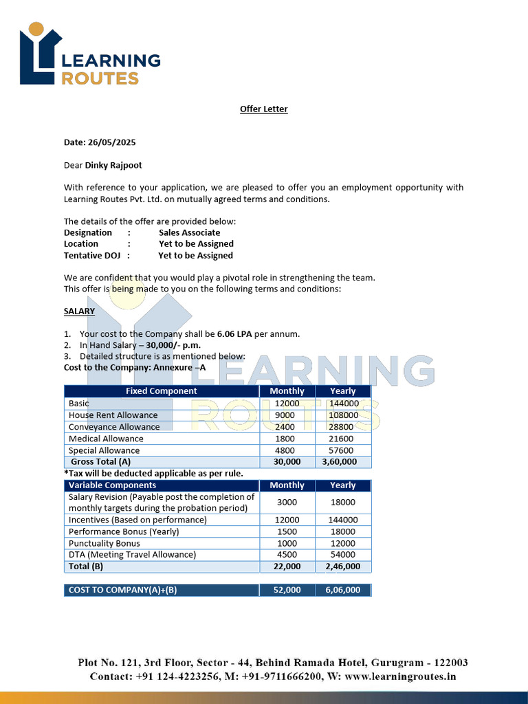 Sales Associate Offer Letter Template | PDF