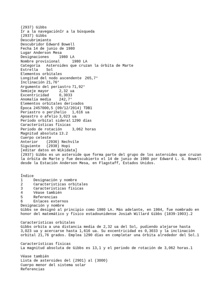 Asteroide (2937) Gibbs: Datos y Órbita | PDF | Cuerpos del sistema ...