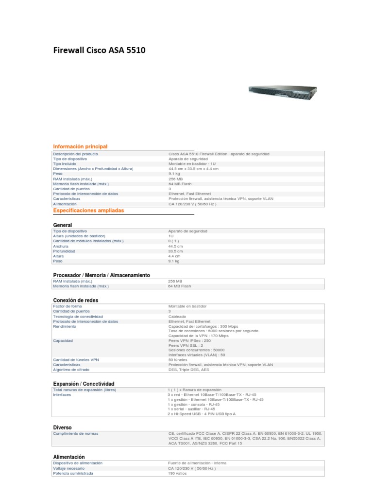 Especificaciones del Firewall Cisco ASA 5510 | PDF | Red privada ...