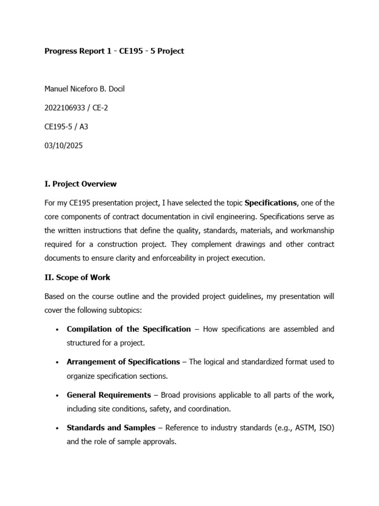 CE195 Project Report: Specifications Overview | PDF