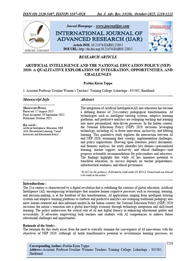 AI Integration in India's NEP 2020 | PDF | Artificial Intelligence ...